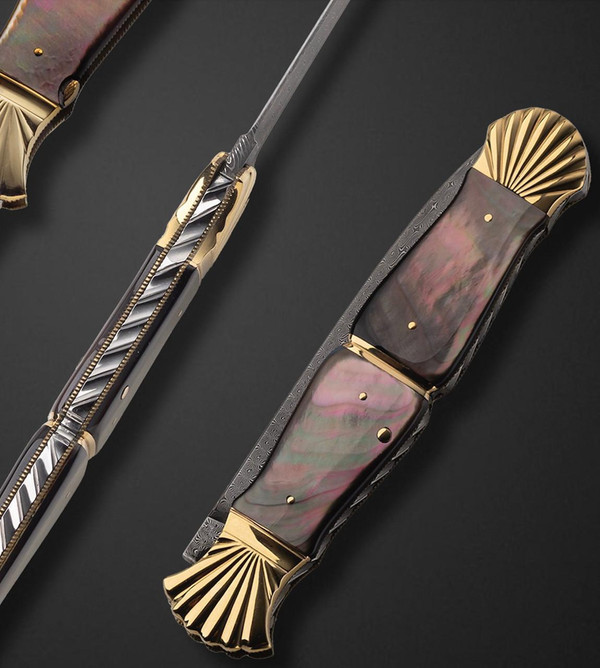 Steigerwalt, Ken 18K Gold and Black Lip Pearl Folder by Ken Steigerwalt with Turkish Twist Damascus Blade by Jerry Rados 