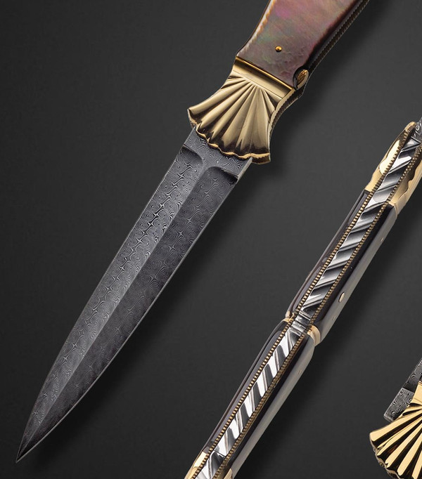 Steigerwalt, Ken 18K Gold and Black Lip Pearl Folder by Ken Steigerwalt with Turkish Twist Damascus Blade by Jerry Rados 