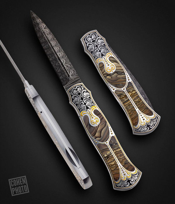 Biggs Jasper Interframe Automatic Lockback Dagger by Warren Osborne with 24K Gold Engraving by Julie Warenski