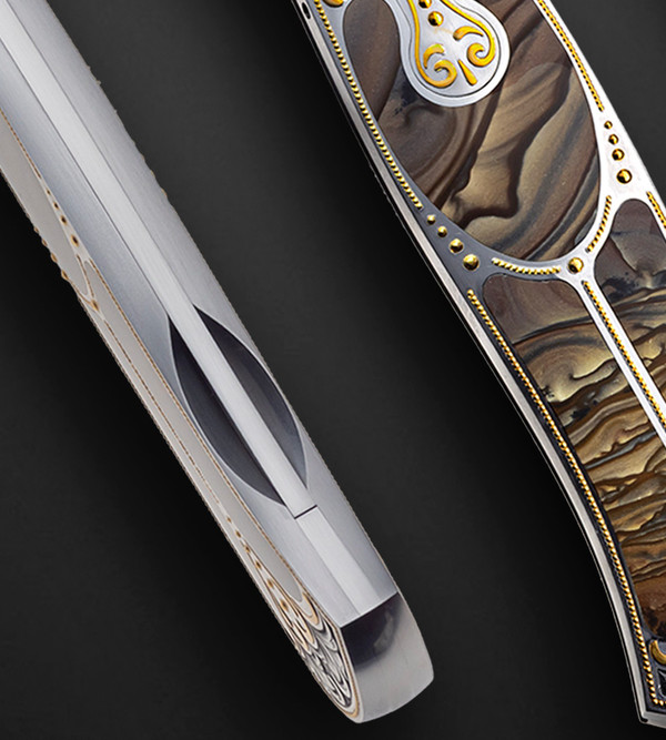 Biggs Jasper Interframe Automatic Lockback Dagger by Warren Osborne with 24K Gold Engraving by Julie Warenski