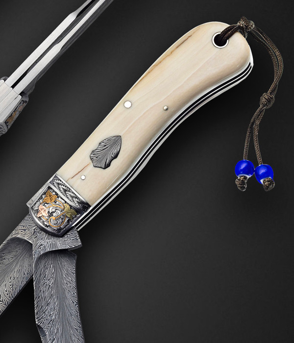 2 Blade, Panama Trapper with Antique Mammoth Scales by Tom Ploppert, Feather Damascus by Andrew Smith, Engraved by Joe Mason