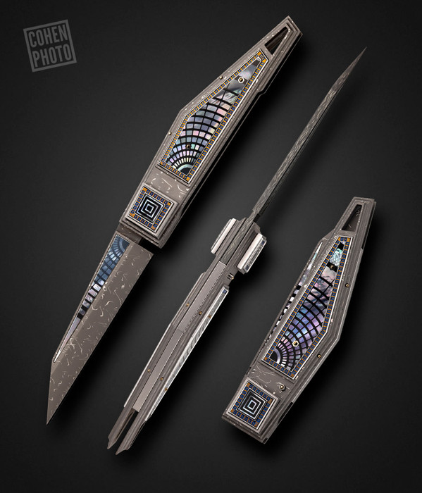 "Jumbo" Kube Double Action Automatic Folder with Damascus & Mother of Pearl Inlays by Antonio Fogarizzu "Jumbo" Kube Double Action Automatic Folder with Damascus & Mother of Pearl Inlays by Antonio Fogarizzu