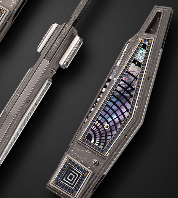 "Jumbo" Kube Double Action Automatic Folder with Damascus & Mother of Pearl Inlays by Antonio Fogarizzu "Jumbo" Kube Double Action Automatic Folder with Damascus & Mother of Pearl Inlays by Antonio Fogarizzu