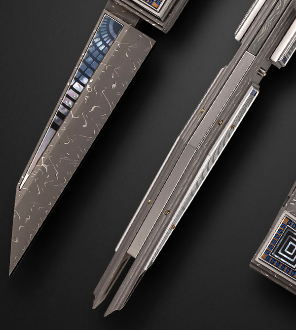 Jumbo Kube Double Action Automatic Folder with Damascus & Mother of Pearl Inlays by Antonio Fogarizzu