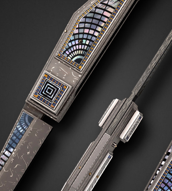 Jumbo Kube Double Action Automatic Folder with Damascus & Mother of Pearl Inlays by Antonio Fogarizzu