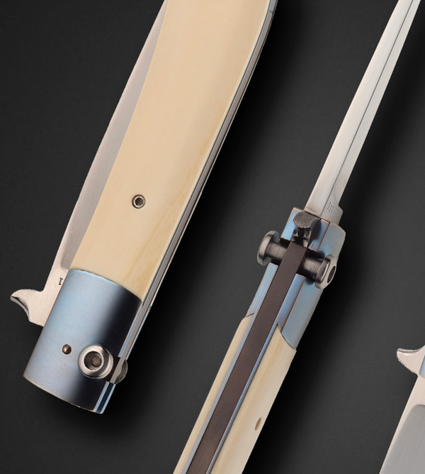 Desert Fox Model, Custom Toggle Lock Folding Knife with Anodized Titanium and  Fossilized Mammoth Scales by Paul Fox