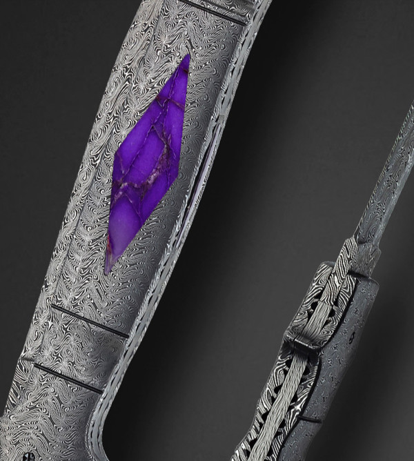 Turkish Twist Damascus Automatic Dagger with Lavender Sugilite by Jerry Rados