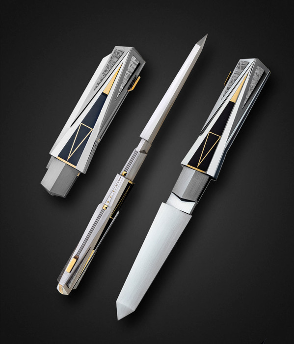 "Obelisk" Lockback Folder by Ken Steigerwalt, with Pen Shell, Meteorite & 14K Gold Inlays "Obelisk" Lockback Folder by Ken Steigerwalt, with Pen Shell, Meteorite & 14K Gold Inlays