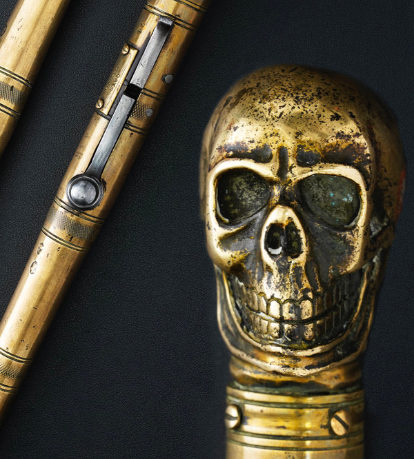 Very Rare, Day’s Patent, All-Brass Blunderbuss Style, Truncheon Percussion Pistol with Skull, Circa 1825 *NFS Very Rare, Day’s Patent, All-Brass Blunderbuss Style, Truncheon Percussion Pistol with Skull, Circa 1825 *NFS