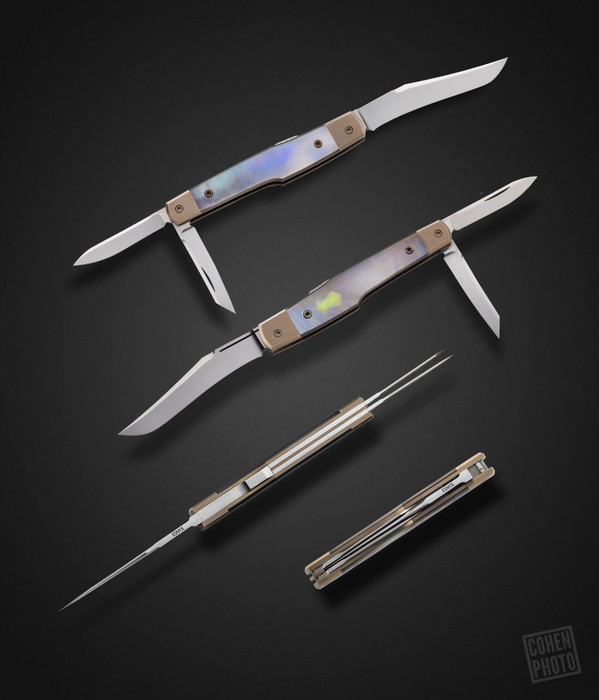 Marlin, 3 Blade Lock Back Whittler, with Blue/Lavender Black Lip Pearl & Gold Lip Pearl by Evan Nicolaides of ESNYX Knives Marlin, 3 Blade Lock Back Whittler, with Blue/Lavender Black Lip Pearl & Gold Lip Pearl by Evan Nicolaides of ESNYX Knives