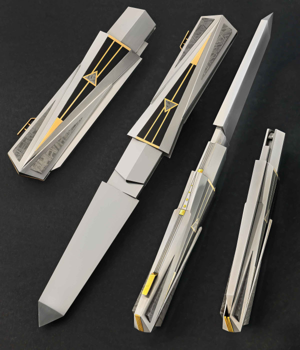 "Obelisk" Art Deco Bauhaus Folder by Ken Steigerwalt, with Pen Shell, 14K Gold and Meteorite "Obelisk" Art Deco Bauhaus Folder by Ken Steigerwalt, with Pen Shell, 14K Gold and Meteorite