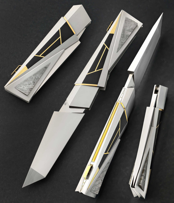"Bauhaus" Art Deco, Folding Dagger, by Ken Steigerwalt, with Pen Shell, 14K Gold and Meteorite, 2016 "Bauhaus" Art Deco, Folding Dagger, by Ken Steigerwalt, with Pen Shell, 14K Gold and Meteorite, 2016