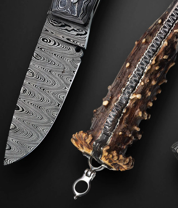 "TOADS SMILE" Dated 2/11/00, Damascus Folder with Crown Stag by Jim Schmidt ❗️PUBLISHED❗️