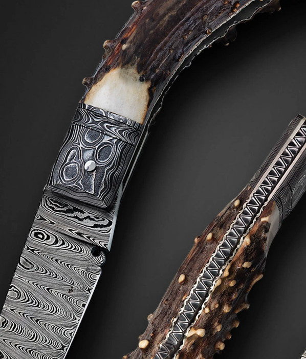 "TOADS SMILE" Dated 2/11/00, Damascus Folder with Crown Stag by Jim Schmidt ❗️PUBLISHED❗️