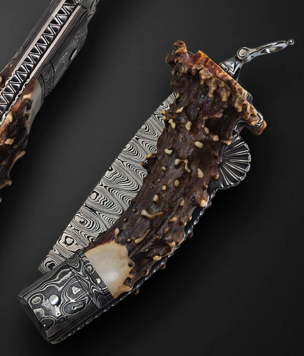 "TOADS SMILE" Dated 2/11/00, Damascus Folder with Crown Stag by Jim Schmidt ❗️PUBLISHED❗️