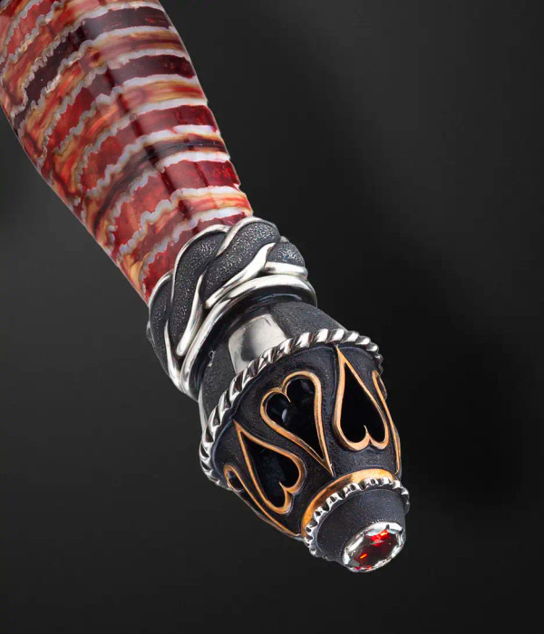 The Crimson Queen Dagger by Paul Jarvis, BLADE SHOW 2021 with Window Damascus, Collector Grade Fossilized Mammoth, Sterling Silver, Bronze Inlays and Rubies, A True Testament to Artistry and Heritage