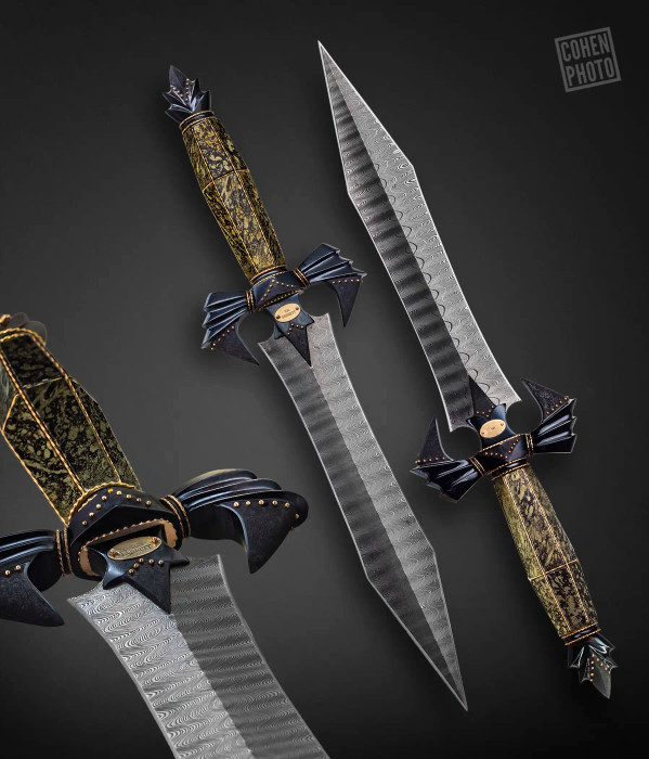 A Van Barnett Masterwork: Dagger of Timeless Design: Ladder Pattern Damascus with Guard and Handle made of Apache Gold with Gold Twist Wire and Accents, by Legendary Master Craftsman, Van Barnett ❗️Published❗️ A Van Barnett Masterwork: Dagger of Timeless Design: Ladder Pattern Damascus with Guard and Handle made of Apache Gold with Gold Twist Wire and Accents, by Legendary Master Craftsman, Van Barnett ❗️Published❗️