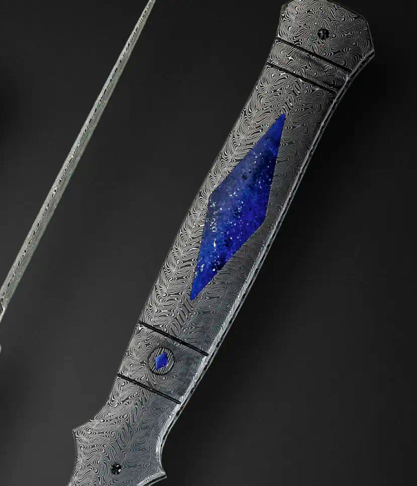 Damascus Automatic Folding Dagger with Lapis Lazuli Inlay, (High Grade Lapis, AA) by Jerry Rados Damascus Automatic Folding Dagger with Lapis Lazuli Inlay, (High Grade Lapis, AA) by Jerry Rados