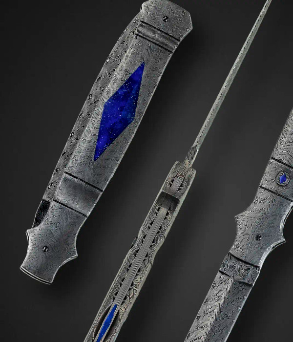 Damascus Automatic Folding Dagger with Lapis Lazuli Inlay, (High Grade Lapis, AA) by Jerry Rados