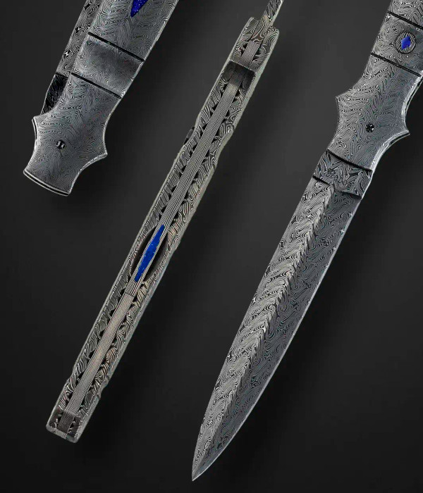 Damascus Automatic Folding Dagger with Lapis Lazuli Inlay, (High Grade Lapis, AA) by Jerry Rados