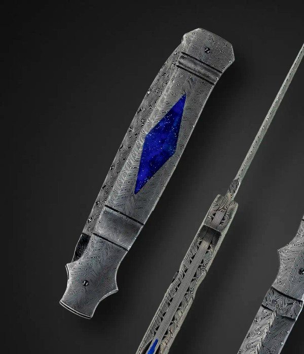Damascus Automatic Folding Dagger with Lapis Lazuli Inlay, (High Grade Lapis, AA) by Jerry Rados