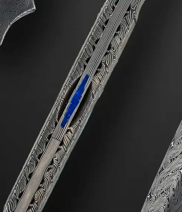 Damascus Automatic Folding Dagger with Lapis Lazuli Inlay, (High Grade Lapis, AA) by Jerry Rados