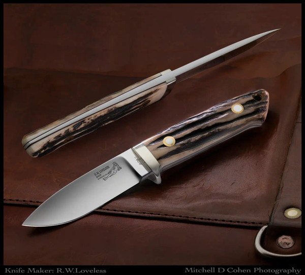 Bob Loveless Special Drop Point with Stag and original sheath. Bob Loveless Special Drop Point with Stag and original sheath.