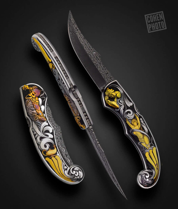 Heavily Engraved Art Deco Scene of "Genie in a Bottle," "The Fisherman and the Genie," An Arabian Nights Tale in Gold, Engraved by Ron Skaggs, Persian Folder by Joe Kious