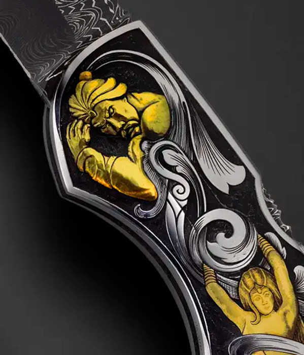 Heavily Engraved Art Deco Scene of "Genie in a Bottle," "The Fisherman and the Genie," An Arabian Nights Tale in Gold, Engraved by Ron Skaggs, Persian Folder by Joe Kious