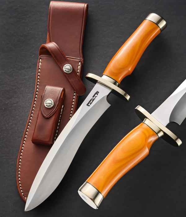 13 Inch Sasquatch with Yellow Westinghouse Micarta, by Randall Made Knives; Sheath Signed by Doug Kenefick 13 Inch Sasquatch with Yellow Westinghouse Micarta, by Randall Made Knives; Sheath Signed by Doug Kenefick