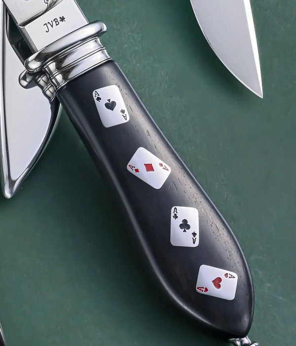 Gambler Bowie, San Francisco Style Bowie with Stainless Sheath, 24K Inlay of Aces, Engraved Scroll Work, Ebony Handle, Sole Authorship by Jacco Van de Bruinhorst of JVB Knives of Canada