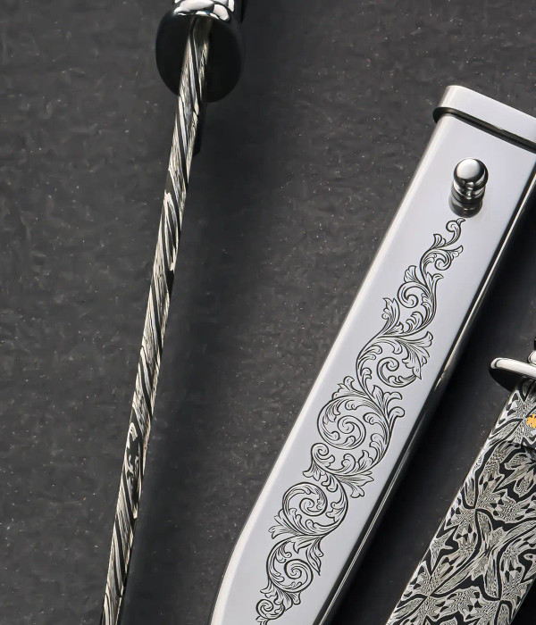 Gentleman's San Francisco Bowie with Engraving & "Flowers + Butterflies" Mosaic Damascus with Scroll Engraved, Stainless Steel Sheath, Sole Authorship, by Jacco Van de Bruinhorst of JVB Knives of Canada