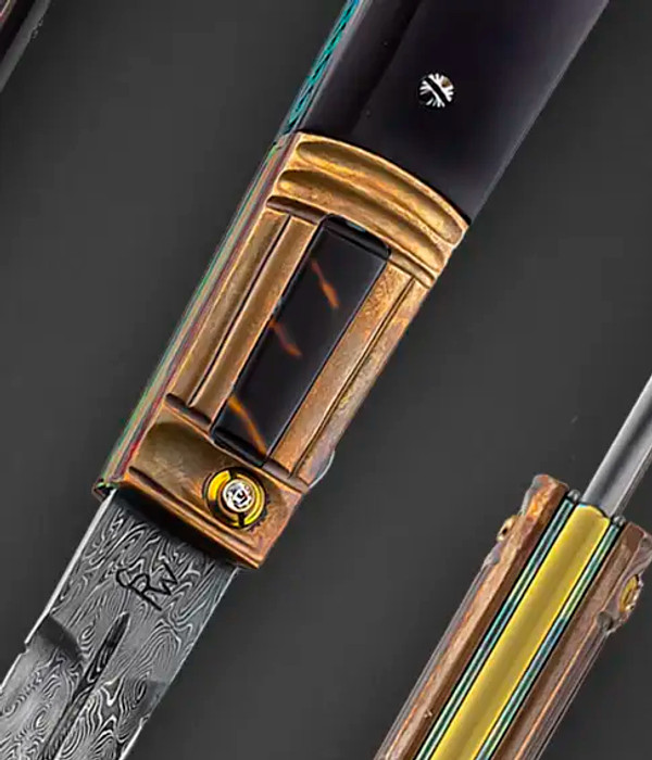Damascus, Automatic Dagger with Antique Amber, Diamond & Ruby by Richard Wright
