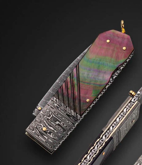Black Lip Pearl, Gold and Damascus Linerlock Gentleman's Folding Knife by Barry Davis Black Lip Pearl, Gold and Damascus Linerlock Gentleman's Folding Knife by Barry Davis