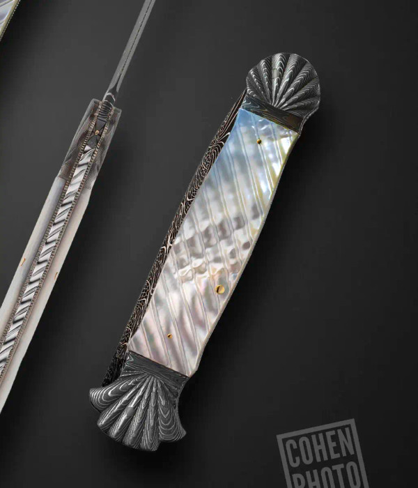 Mother of Pearl, Automatic Folding Dagger by Ken Steigerwalt with Gold Pins and Damascus by Jerry Rados Mother of Pearl, Automatic Folding Dagger by Ken Steigerwalt with Gold Pins and Damascus by Jerry Rados