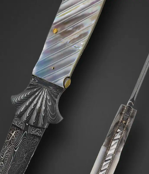 Mother of Pearl, Automatic Folding Dagger by Ken Steigerwalt with Gold Pins and Damascus by Jerry Rados