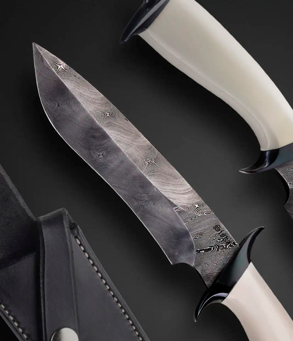 Antique Mammoth Fighter with Damascus Blade by Jim Siska, 98 on Back of Sheath