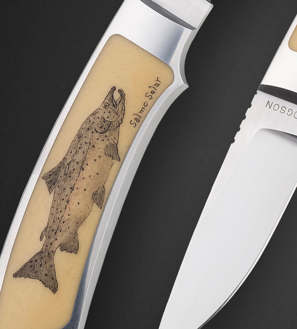 Integral Stainless Steel Trout & Bird Knife with Ivory Micarta Inlays and Colored Scrimshaw of Atlantic Salmon and Arctic Grayling Fish by Richard Hodgson