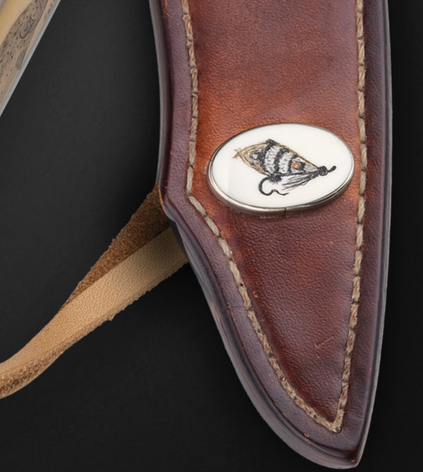 Integral Stainless Steel Trout & Bird Knife with Ivory Micarta Inlays and Colored Scrimshaw of Atlantic Salmon and Arctic Grayling Fish by Richard Hodgson