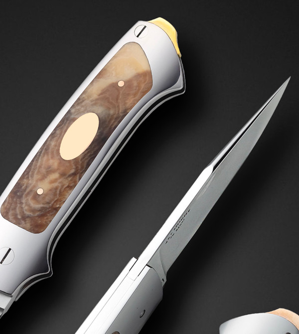 Amber Inlay with 18kt Gold Shield, Pins & Back Spacer and Rose Gold Lock Bar by Dietmar Kressler, S/N #1
