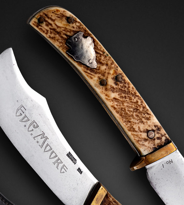 One of a Kind Skinner by William Wales Scagel, with Moose Horn Handle with Silver Arrowhead Shield, Custom Made for Famous Sportsman: Ed.G.Moore, Circa 1923, Sold out of VL&A, ❗RARE❗