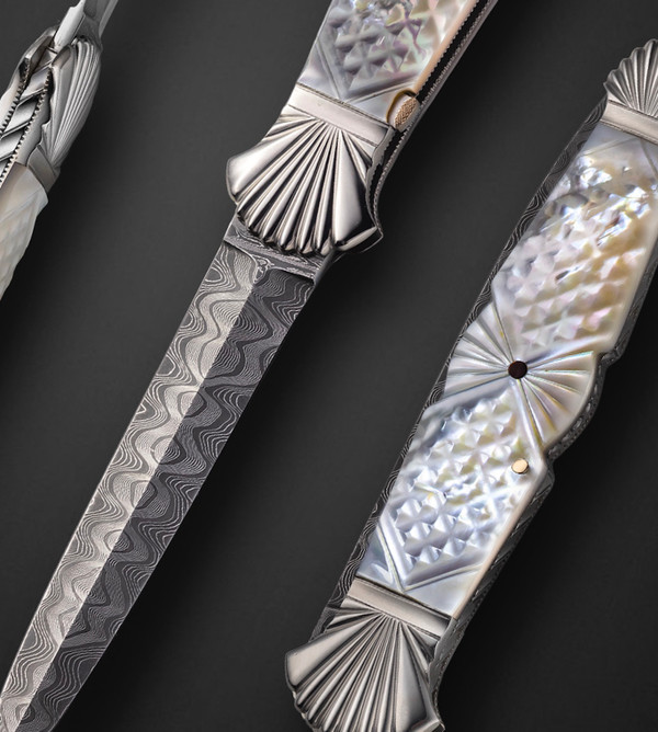 Button Release Automatic Damascus Dagger in Pearl, by Ken Steigerwalt