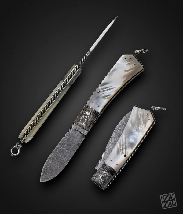 "NAZGAL", Pearl and Damascus Lockback Folder, Dated: 4/1/86, #74 by Jim Schmidt "NAZGAL", Pearl and Damascus Lockback Folder, Dated: 4/1/86, #74 by Jim Schmidt