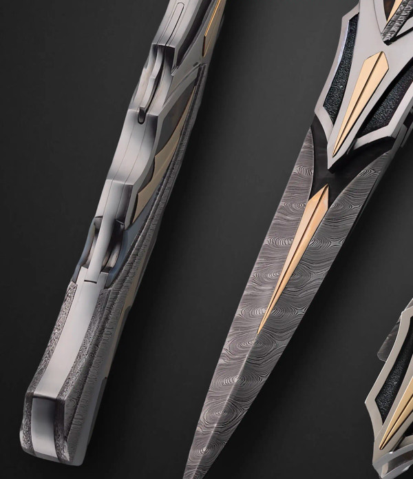 Interframe Lockback Automatic Folding Dagger, 10.5" with Damascus Dagger Blade, Mother of Pearl, Gold and Antique Amber by Ron Best