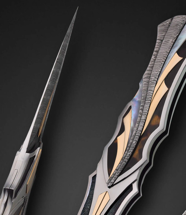 Interframe Lockback Automatic Folding Dagger, 10.5" with Damascus Dagger Blade, Mother of Pearl, Gold and Antique Amber by Ron Best