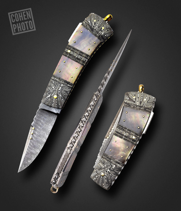 Lockback Damascus Folder with Black Lip Pearl