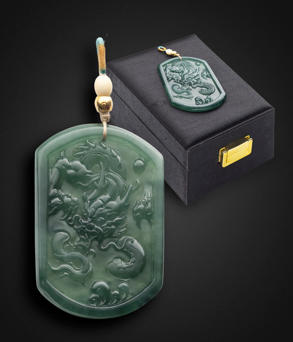 Natural Bluish-Green Jadeite Dragon Pendant • GIA Certified