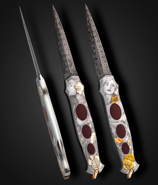 Warren Osborne Custom Knife Lockback with Carnelian Inlays Engraved by Master Giovanni Steduto