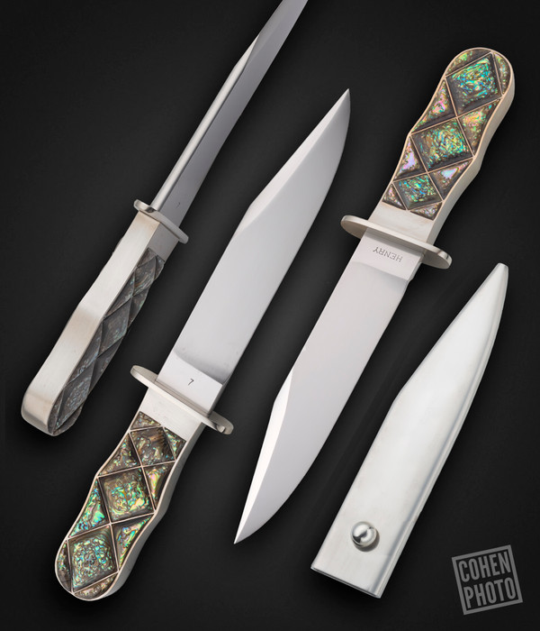 D.E. HENRY CUSTOM BOWIE KNIFE WITH CAPTIVATING ABALONE GRIPS. S/N 7