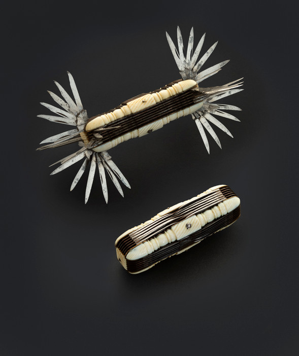 RARE SHEFFIELD FANCY CARVED IVORY EXHIBITION MULTIBLADE (48) BARREL KNIFE, c. 1780-1820